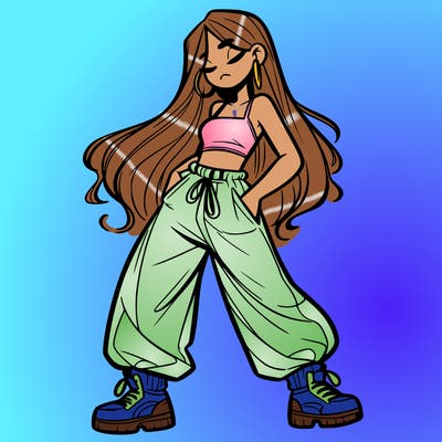 girl in baggy pants crop top and long hair