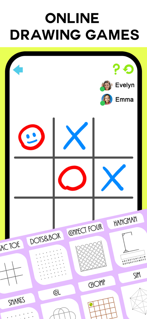 Uma tela móvel mostrando um jogo online de jogo da velha sendo jogado por dois usuários no aplicativo Drawing Vibe com um menu de outros jogos de desenho como forca e pontos e caixas.