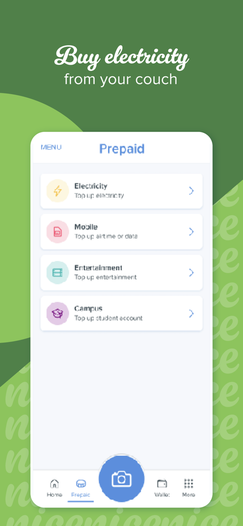 SnapScan app prepaid menu showing options to top up electricity and mobile airtime