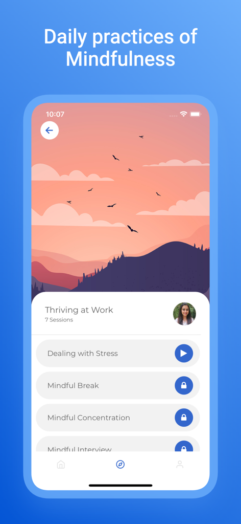 MindPlus - MindPlus app interface showing daily mindfulness sessions for thriving at work and stress management
