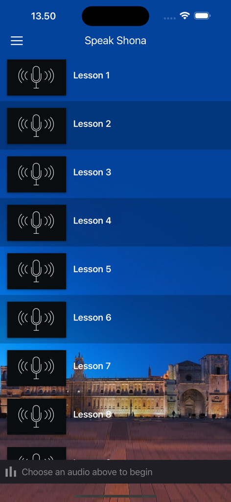 Una lista de lecciones de audio numeradas en la interfaz móvil de la aplicación Fast Speak Shona Language