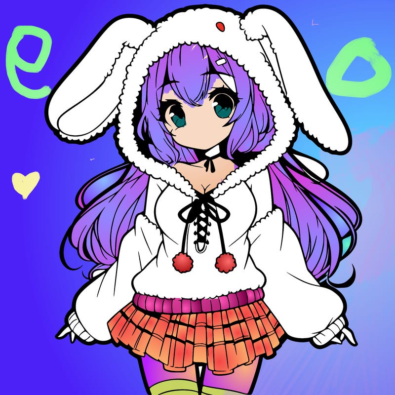pretty anime girl wearing a fluffy hoodie with bunny ears on the hood and a skirt