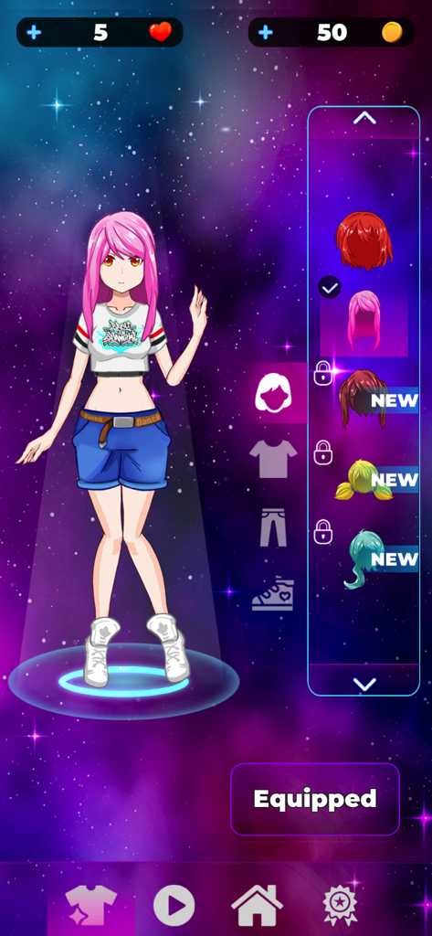 J-pop Dancing: Tap Dance Game - J-POPダンスアプリのキャラクターカスタマイズ画面、衣装や髪型のオプションがあります。