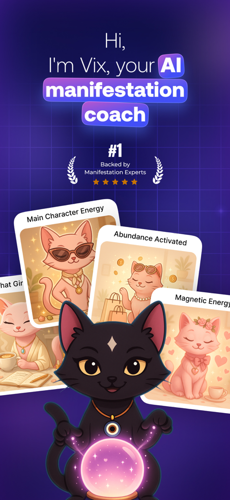 Écran d'introduction de l'application Vix Manifestation présentant un personnage de coach IA et des cartes de mentalité de manifestation