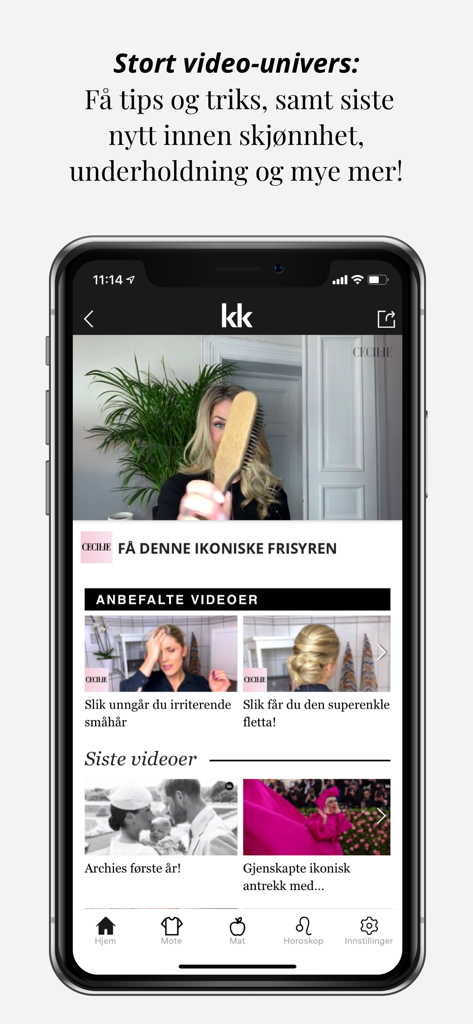 KK mote, helse, mat, horoskop - Um smartphone exibindo a seção de universo de vídeos do aplicativo de estilo de vida KK com dicas de beleza e tutoriais de cabelo