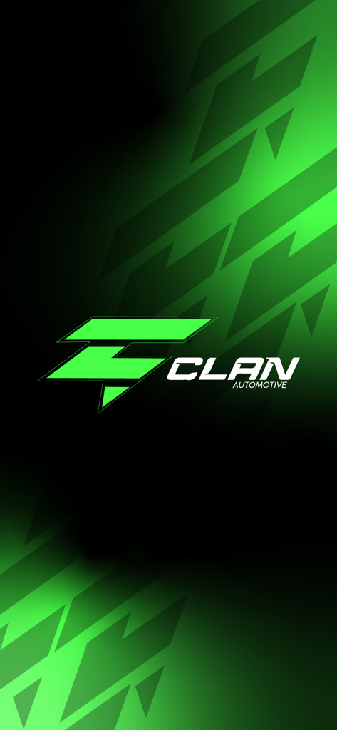 CLAN Automotive - Pantalla de inicio de la aplicación CLAN Automotive con un diseño de logotipo geométrico en verde y negro.