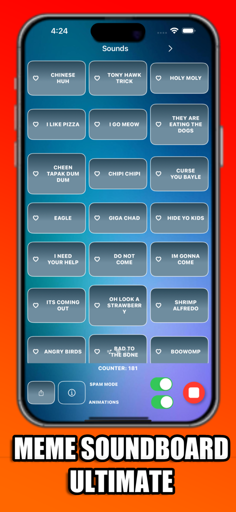 Meme Soundboard Ultimate app interface featuring a grid of viral sound effect buttons and settings for spam mode and animations