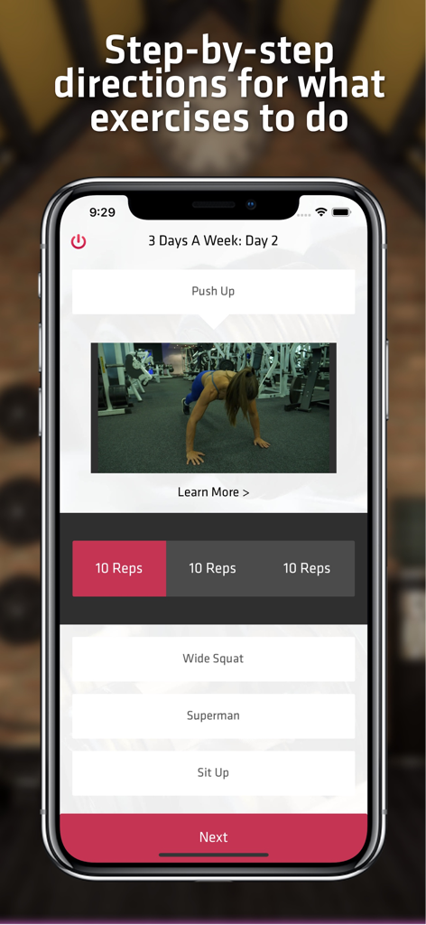 Home Workout For Women - A smartphone showing the Home Workout For Women app with a video tutorial for push ups and exercise tracking buttons.