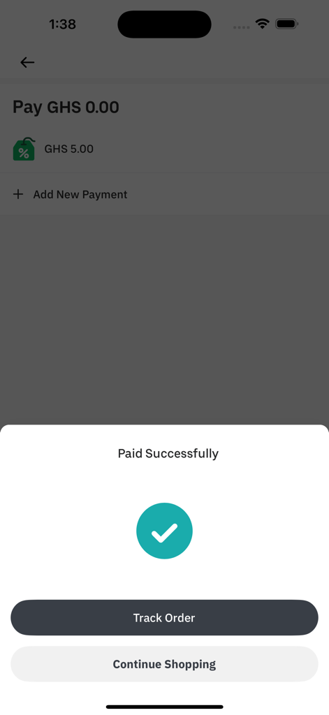 A confirmation screen in the Starbites app showing a successful payment message with a green checkmark and a track order button.
