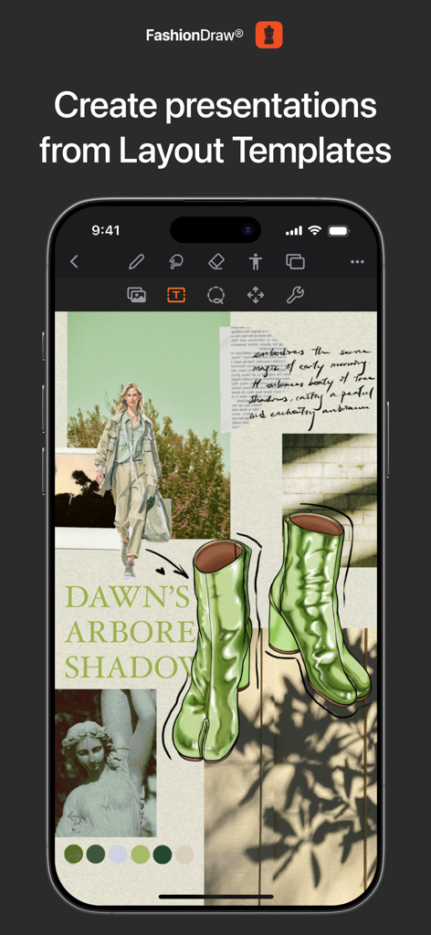 A digital fashion mood board layout in the FashionDraw app featuring sketches and design elements