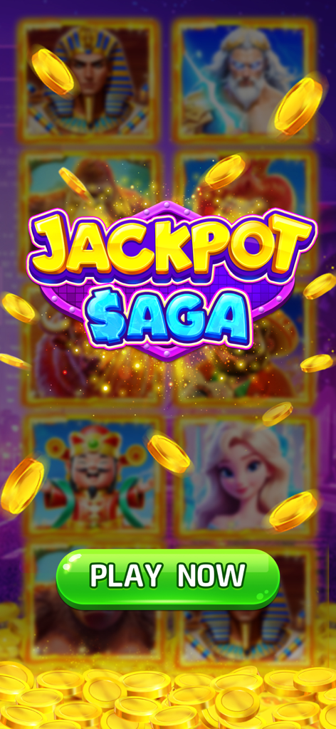 Jackpot Saga - Slots Casino - Écran titre du jeu Jackpot Saga Slots Casino présentant des personnages de machines à sous thématiques et des pièces d'or tombant avec un bouton jouer maintenant.
