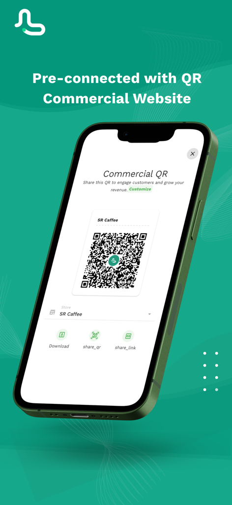 Pantalla de la aplicación MyLekha POS mostrando un código QR comercial para el sitio web de un negocio de cafetería