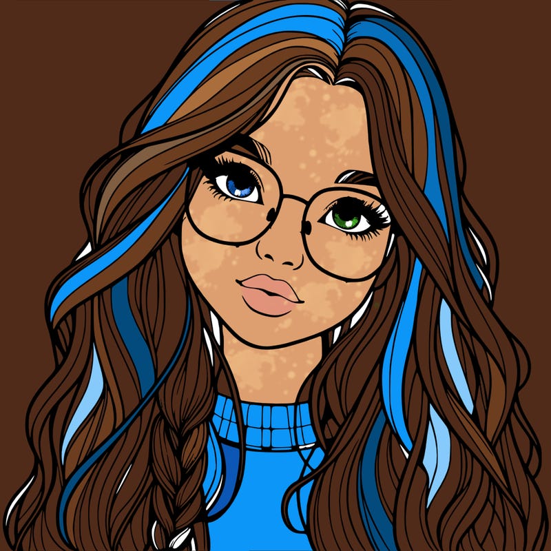 girl with long hair and freckles and glasses realistic