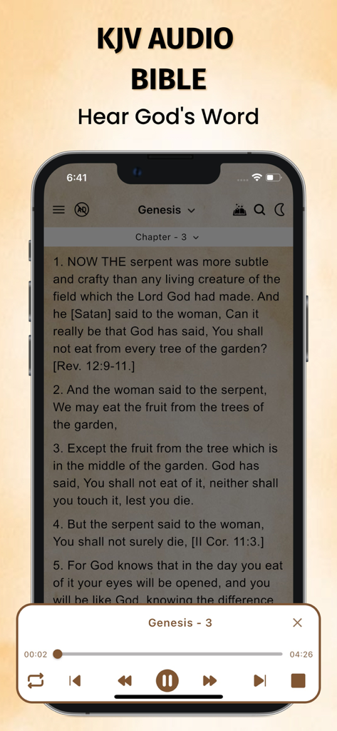Scofield Reference Bible KJV - Scofield KJV Audio Bible-Oberfläche, die Genesis Kapitel 3 mit einem integrierten Audioplayer zeigt