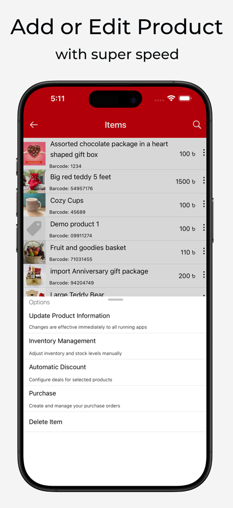 Nexchar POS - Nexchar POS mobile app interface showing a list of products with options to edit details and manage inventory.