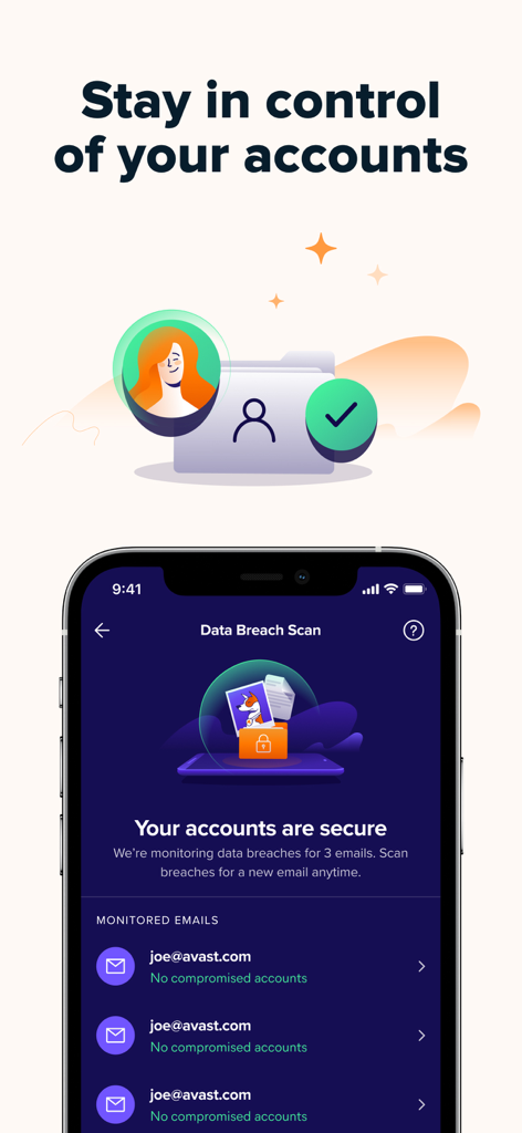 Avast mobile app screen displaying a data breach scan summary showing monitored email accounts are secure