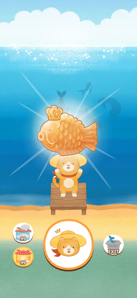 Cafe Heaven-Cat’s Sandwich - 카페 헤븐 해변에서 커다란 황금 물고기 빵을 들고 있는 귀여운 주황색 고양이.