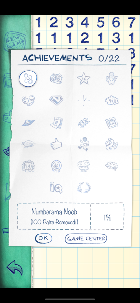 Numberama 2 - Numberama 2 achievements list with hand-drawn icons on a paper background.