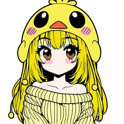 anime girl with chick shaped hat with sweater with bare shoulders with bangs covering them one eye with low tail