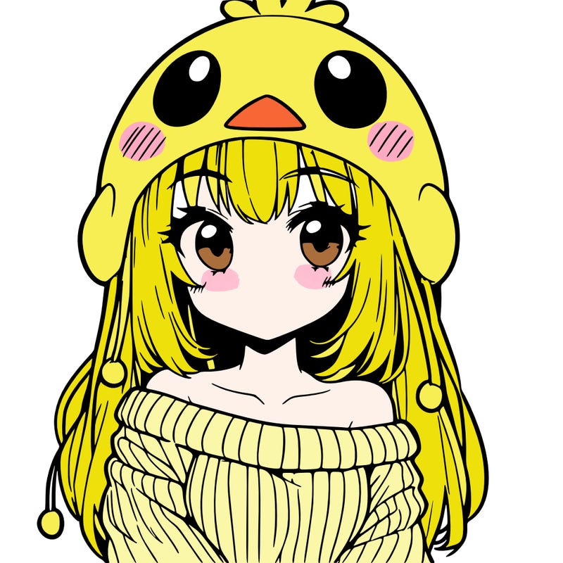 anime girl with chick shaped hat with sweater with bare shoulders with bangs covering them one eye with low tail