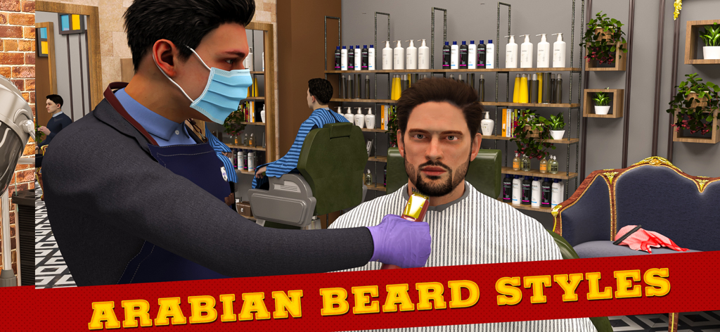 Barber Shop Hair Cut Sim Games - A 3D barber shop simulation game showing a barber trimming a client's beard in a professional salon