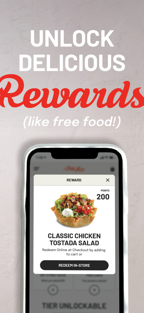 El Pollo Loco - Loco Rewards - Pantalla de la aplicación El Pollo Loco que muestra una recompensa para una Classic Chicken Tostada Salad con opciones de canje.