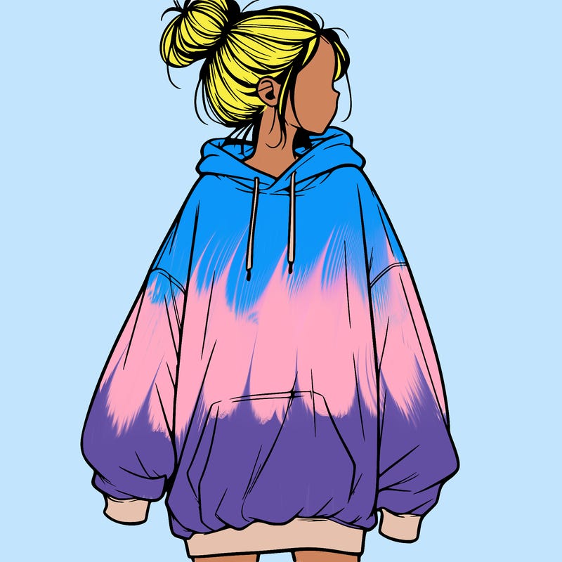realistic girl with a oversized sweatshirt on and a bun
