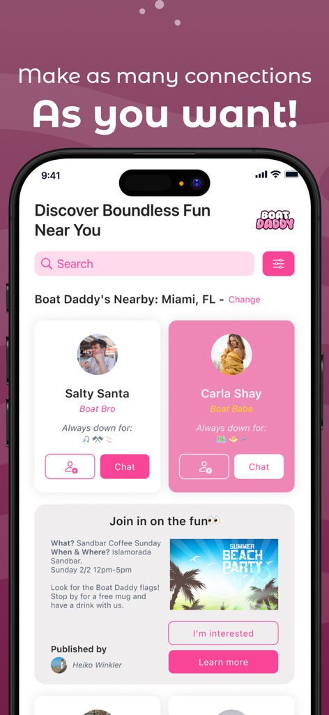 Boat Daddy: Get On The Water - Pantalla de la aplicación Boat Daddy mostrando perfiles sociales de navegantes y un evento de fiesta en la playa en Miami
