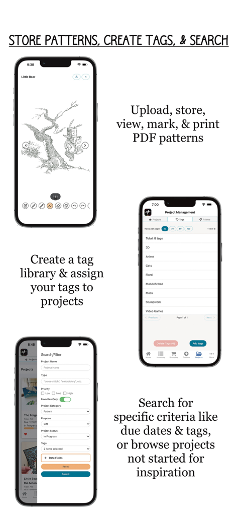 Threadster - Capturas de pantalla de la aplicación Threadster que muestran el almacenamiento de patrones en PDF, el etiquetado de proyectos y los filtros de búsqueda para artes de fibra