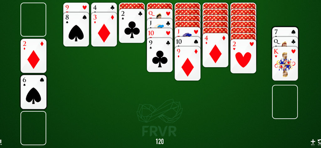 Classic Klondike Solitaire gameplay on a green table background
