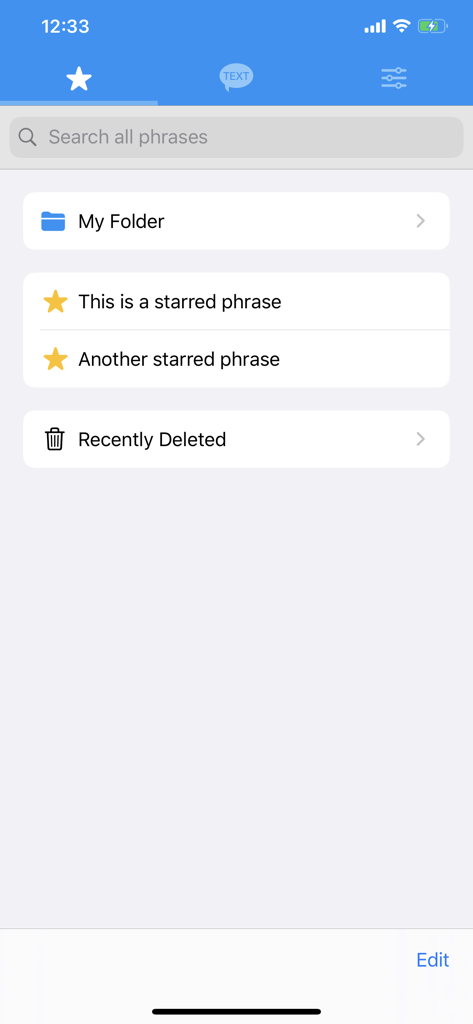 Text to Speech! - Text to Speech アプリのインターフェース。カスタムフォルダ付きの保存済み・お気に入りフレーズが表示されます。