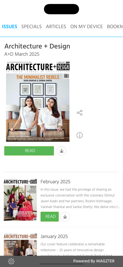 Architecture + Design Mag - Application d'architecture et de design affichant la liste des numéros de magazines