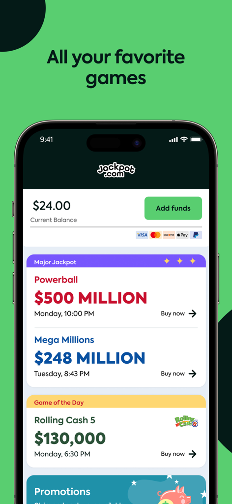 Jackpot Lottery App - Interface of the Jackpot Lottery App showing Powerball and Mega Millions lottery games