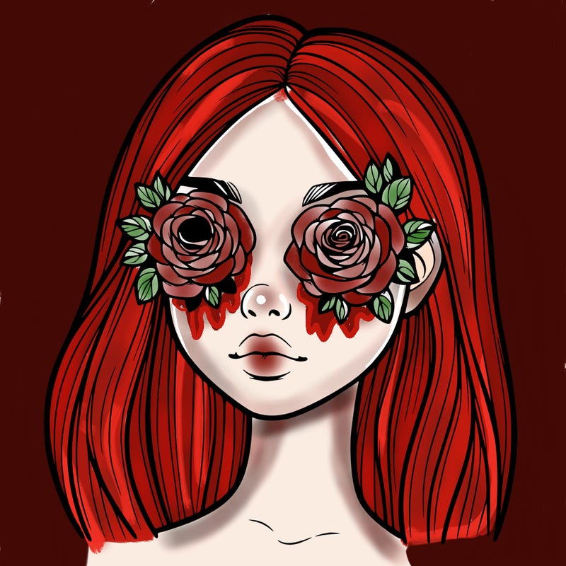 a realistic girl with roses for eyes