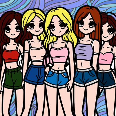 a group of girls wearing crop tops and shorts