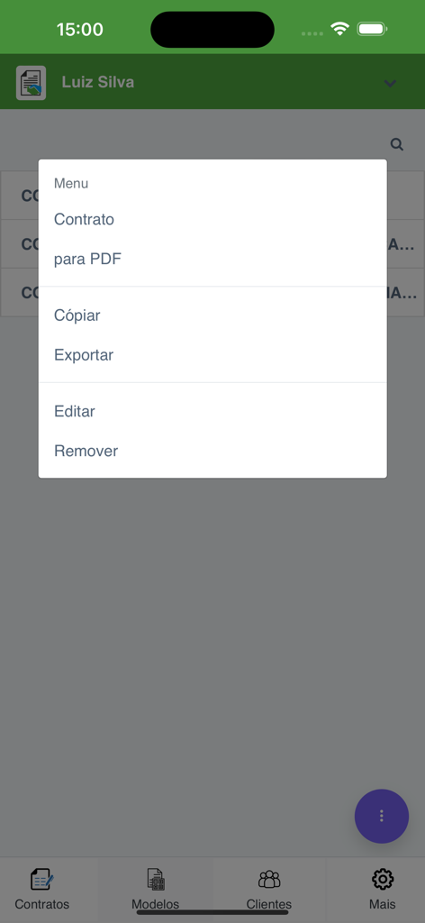 Menu de opções no aplicativo Gerador Contratos incluindo exportar para PDF, copiar, editar e remover.