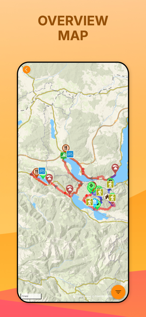 GUIBO - Mapa geral no aplicativo GUIBO exibindo uma paisagem topográfica com rotas de caminhada e ciclismo marcadas.