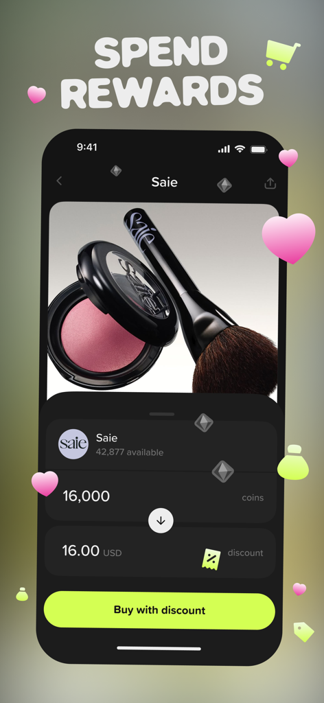 Mobile interface showing users redeeming coins for a sixteen dollar discount on Saie brand products