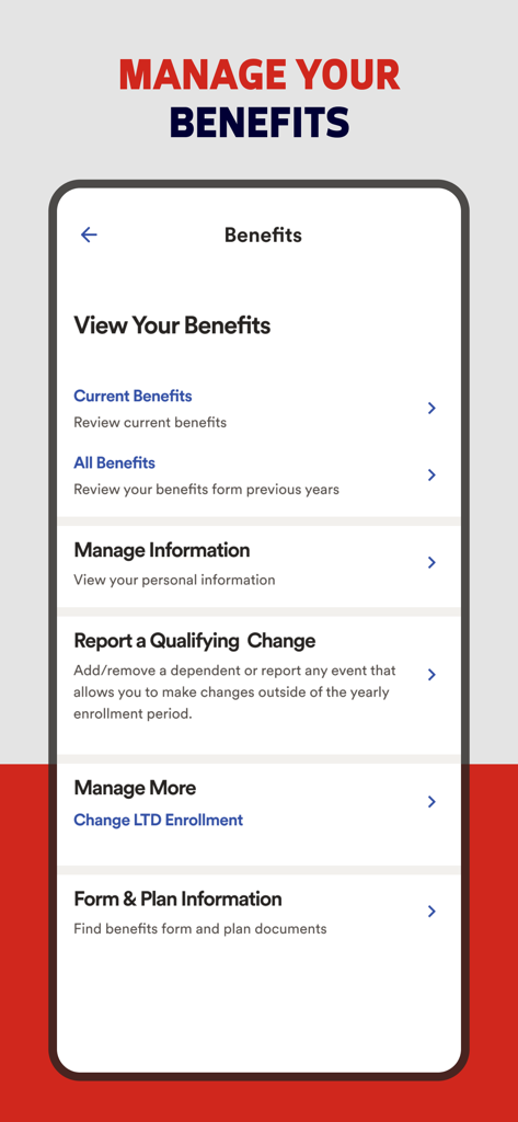 A screenshot of the ADP Mobile Solutions app showing the benefits management screen with options to view current benefits and report qualifying changes