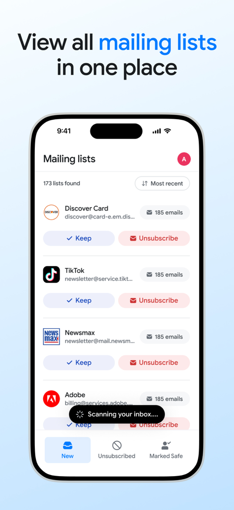 Email Cleaner: Inbox Zapper - Inbox Zapper app interface showing a list of email subscriptions with one-click unsubscribe and keep buttons.