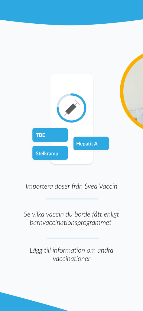 Svea Vaccin - Interfaz de tarjeta de vacunación digital en la aplicación Svea Vaccin que muestra opciones de gestión de registros