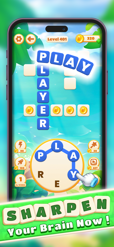 Écran du jeu mobile Wordplay montrant un puzzle de mots croisés et une roue de connexion de lettres sur un fond de plage