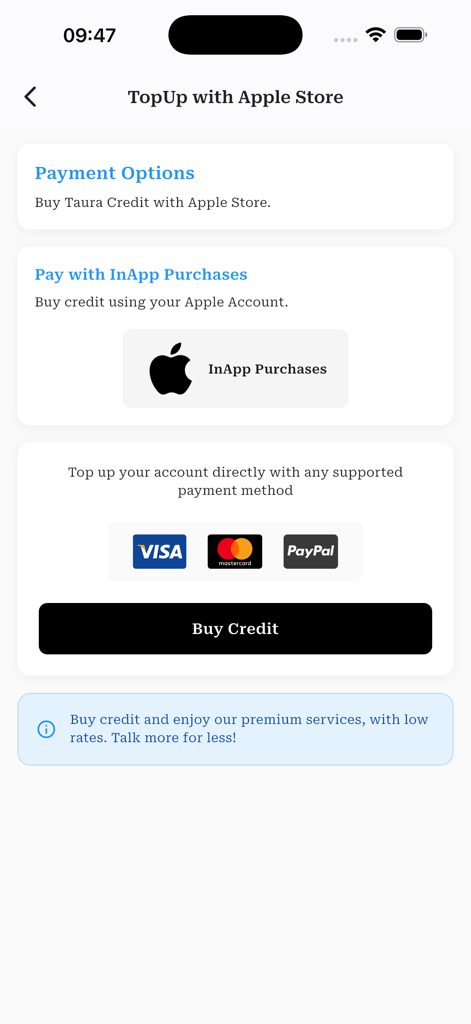 Taura - Payment options screen in the Taura app for buying international calling credits using Apple In-App Purchases, Visa, Mastercard, or PayPal.