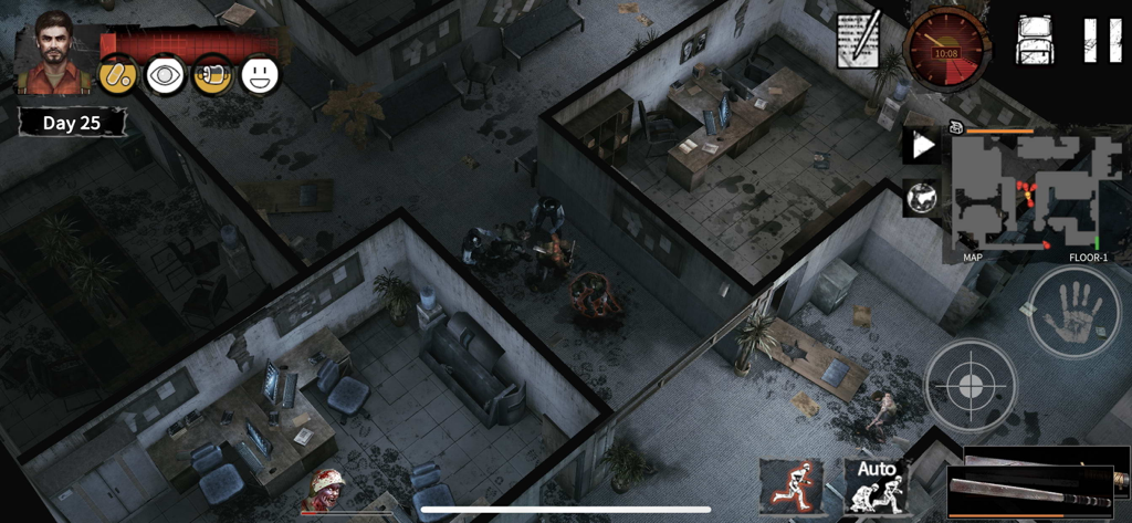 Delivery From the Pain:Survive - Isometric gameplay showing a character exploring a zombie-infested office building in Delivery From the Pain Survive.