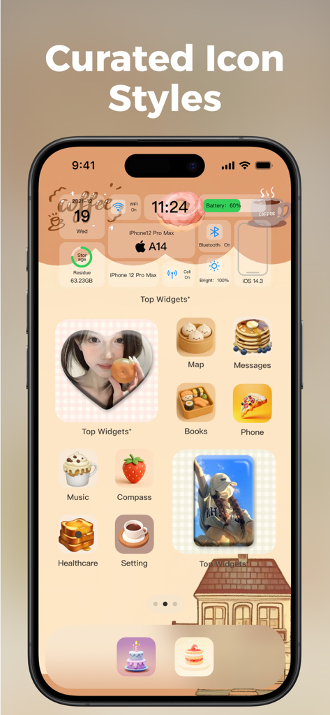 Ein angepasster iPhone-Startbildschirm mit kuratierten App-Symbolen im Food-Thema und ästhetischen Widgets in einem sanften beige Farbton.