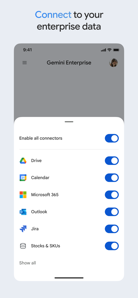Interfaz de la aplicación Google Gemini Enterprise que muestra opciones para conectar fuentes de datos empresariales, incluyendo Google Drive, Calendar, Microsoft 365, Outlook y Jira.