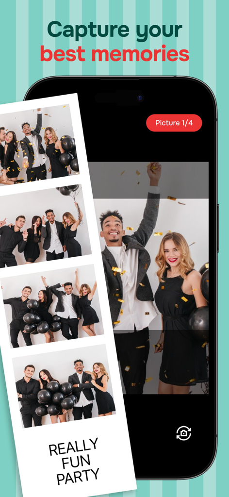 Pocketbooth Photo Booth - Tira de fotos estilo vintage para fiestas en la pantalla de la aplicación Pocketbooth