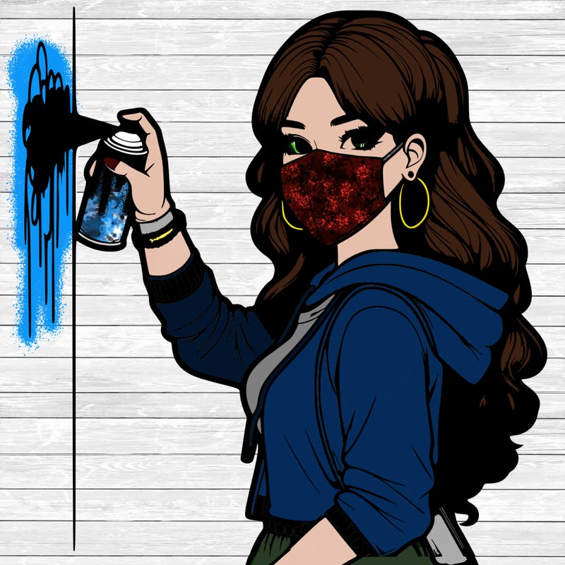 realistic girl with mask spray painting a wall