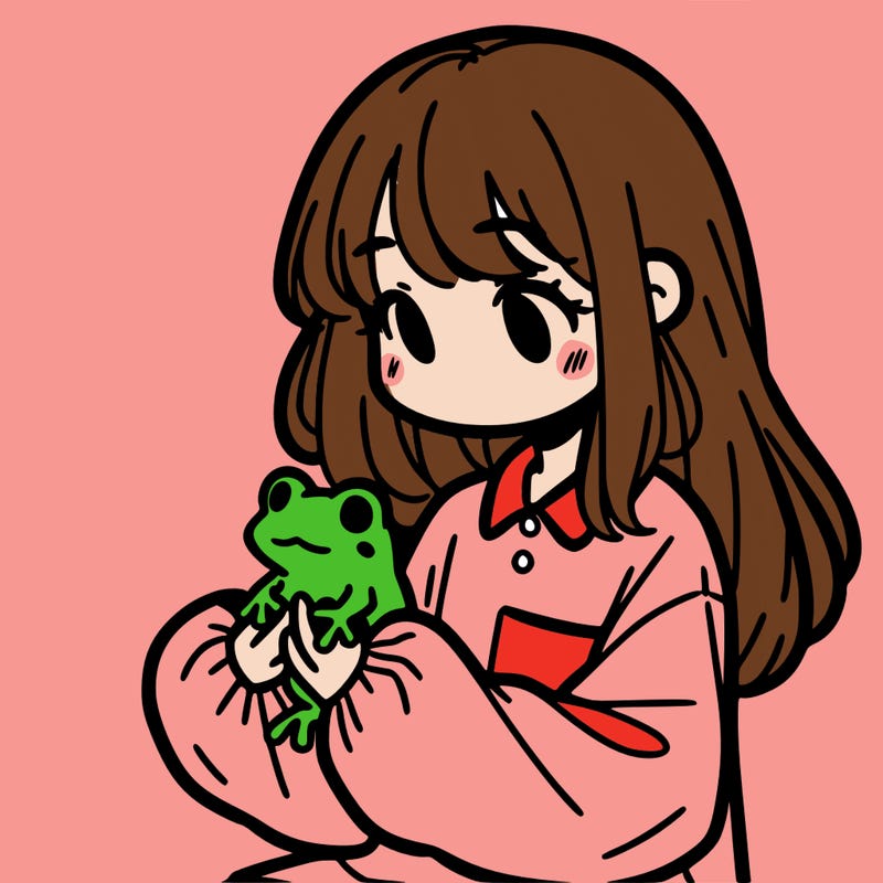girl with long hair and a oversized shirt. and she is holding a frog