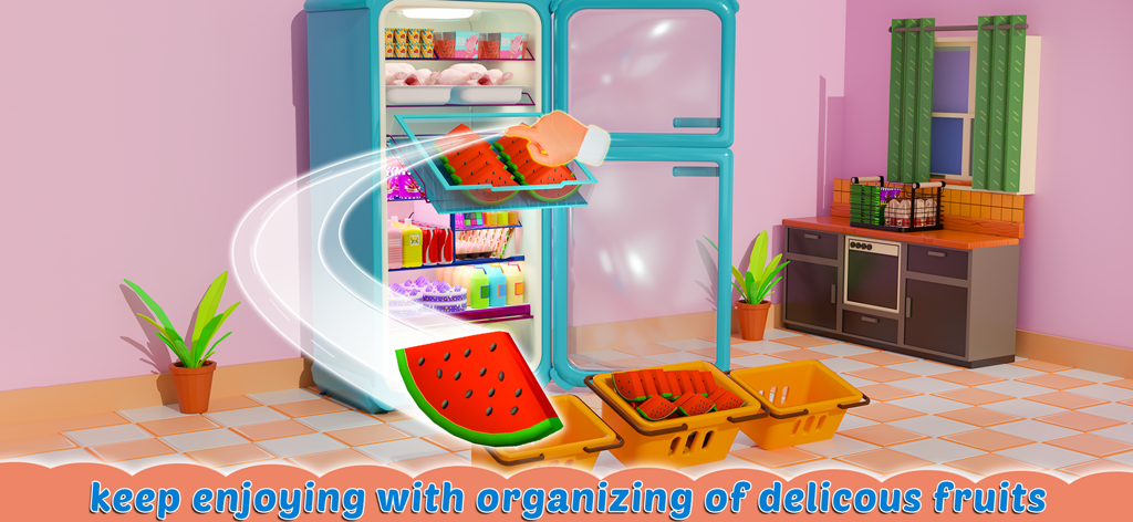 Fridge Organizer 3D Game - A hand organizing watermelon slices into a blue refrigerator drawer in a 3D simulation game.